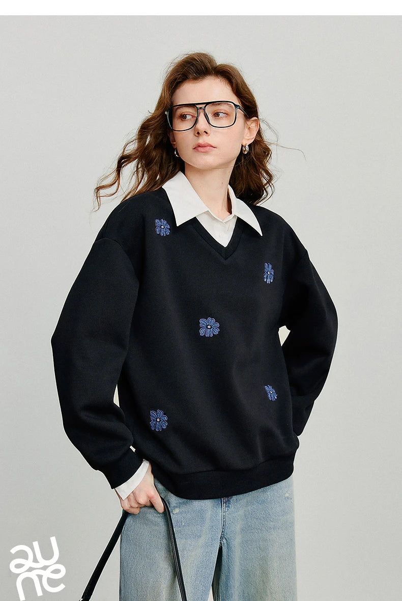 TOYOUTH Felpa da donna 2025 Autunno Nuovo Denim Fiore Ricamo Falso in due pezzi Splicing Colletto rovesciato Pullover casual in cotone