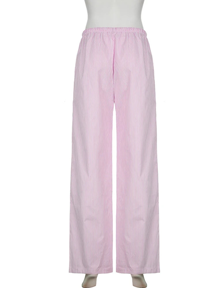 Pantaloni larghi con stampa a righe streetwear Pantaloni da jogging con lacci Moda Y2K Pantaloni larghi Estetici di base anni '90 Pantaloni carini