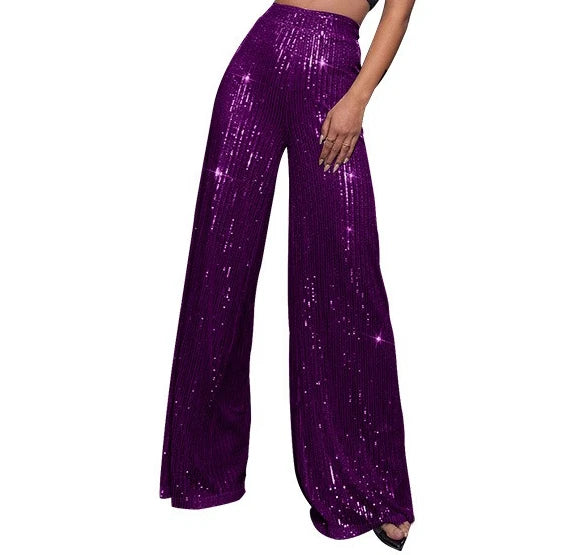 Pantaloni da donna, abbigliamento femminile, vestiti alla moda, pantaloni casual con paillettes, pantaloni eleganti, ampi e fluidi, a gamba larga, hwy5623