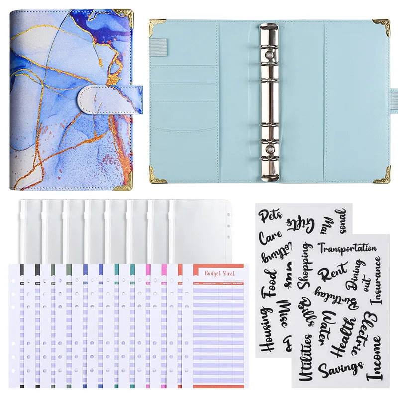 1spc budget card 12 sheets+zipper bag 8 sheets+2 sheets English stickers A6 leather retro marble pattern copper corner accountin