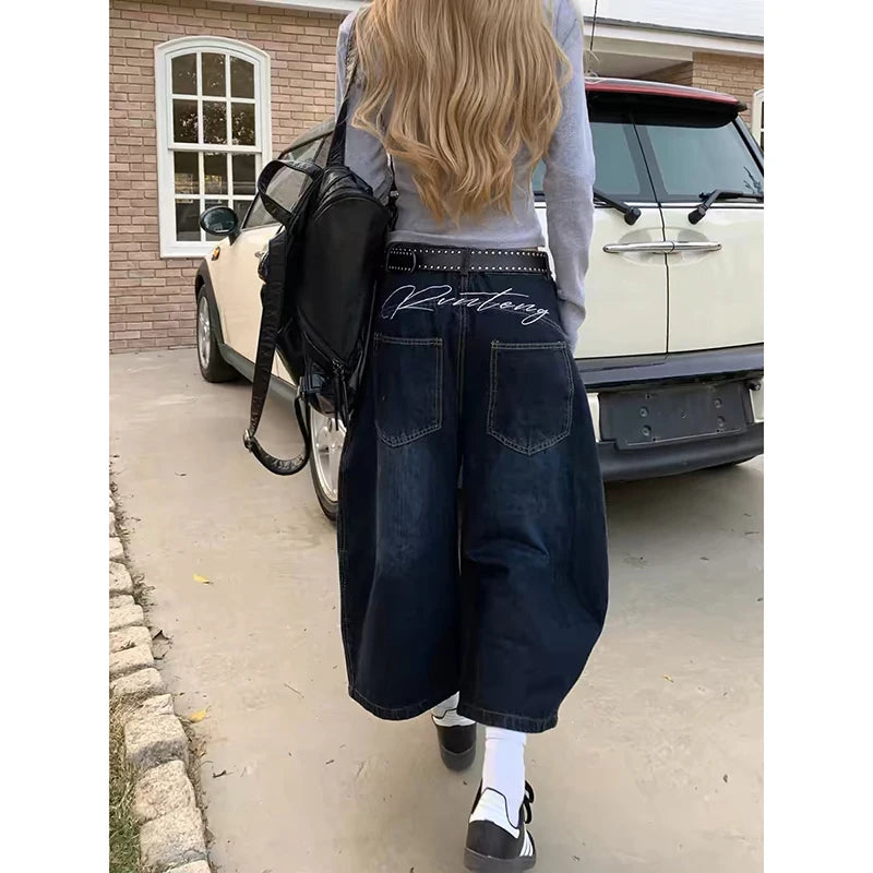 Blu delle Donne Retro Y2K 2000s Gamba Larga Baggy Casual Denim Pantaloni A Vita Alta Jeans Allentati 2024 Autunno Harajuku Pantaloni a Figura Intera