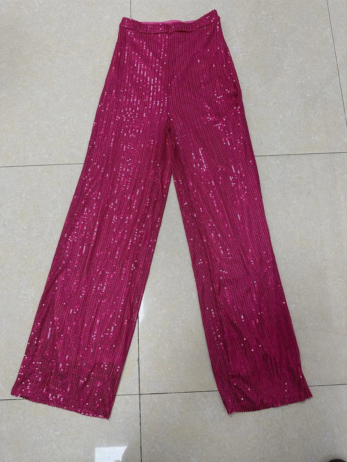 Pantaloni da donna, abbigliamento femminile, vestiti alla moda, pantaloni casual con paillettes, pantaloni eleganti, ampi e fluidi, a gamba larga, hwy5623