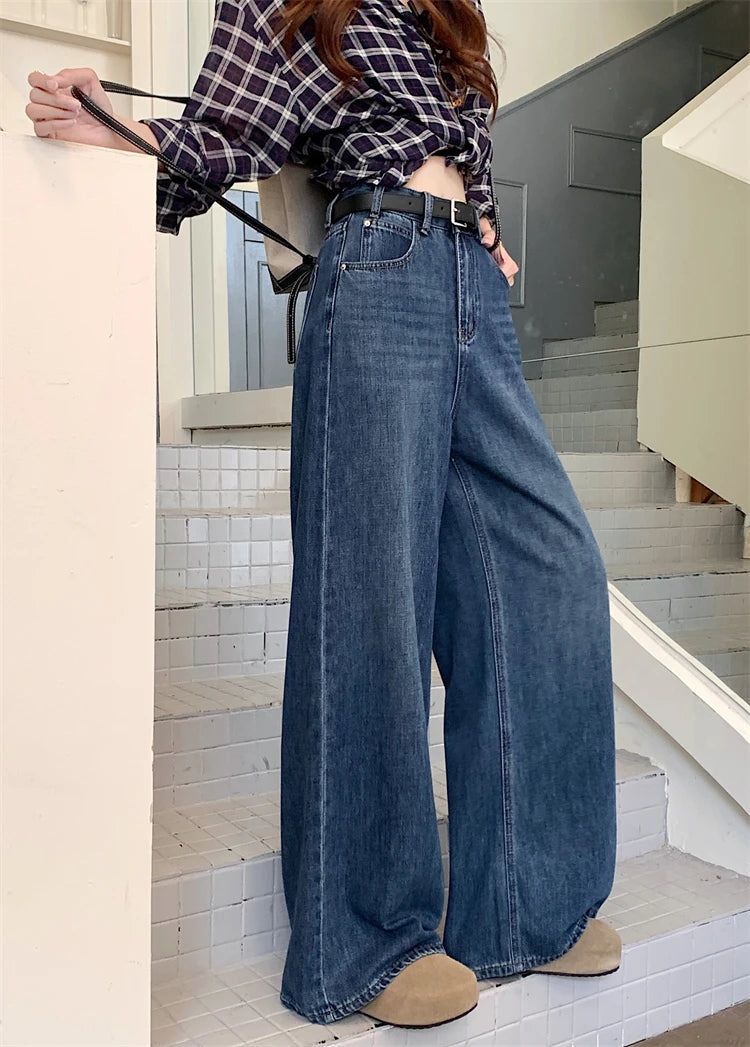 Jeans a Vita Alta Stile Americano, Gamba Larga, per Donna, Autunno Inverno, Vestibilità Comoda, Pantaloni Lunghi, Taglio Dritto, Casual, Denim Blu, Effetto Snellente