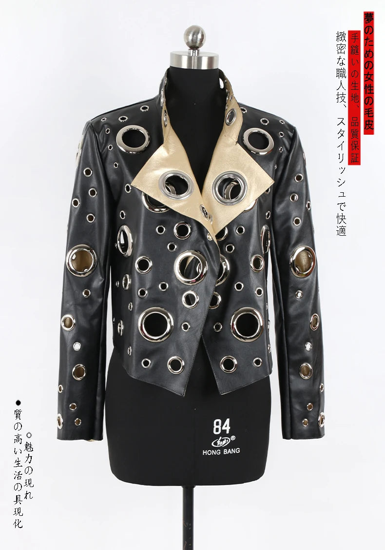 Nerazzurri primavera autunno corto scava fuori giacca in pelle Pu donna rivetto fresco elegante Designer di lusso vestiti pista moda 2024