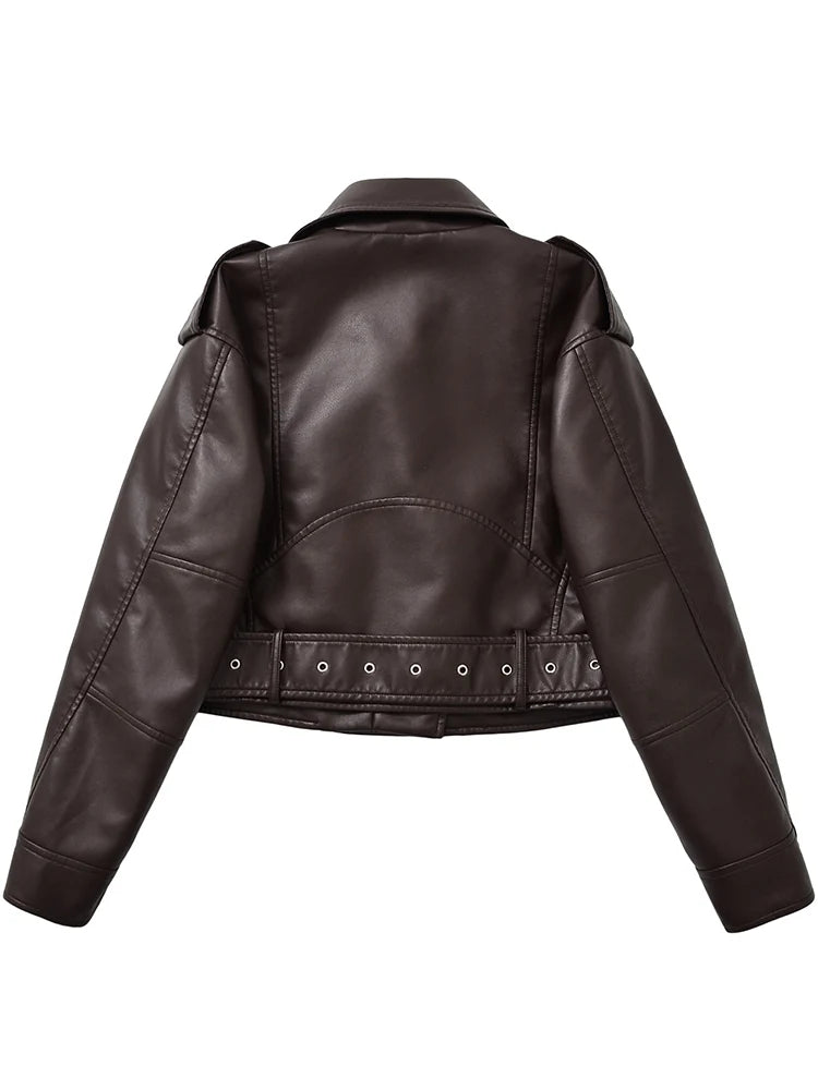 Ailegogo nuova primavera autunno donna vintage cintura allentata giacca in ecopelle streetwear femminile retrò moto biker cappotto capispalla