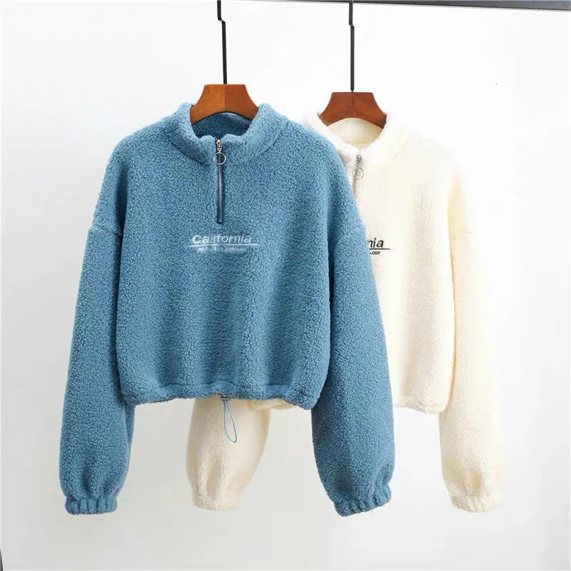Felpe con cappuccio ritagliate in pile con ricamo a lettera da donna felpe con coulisse a maniche lunghe autunnali nuove magliette Casual in velluto di peluche