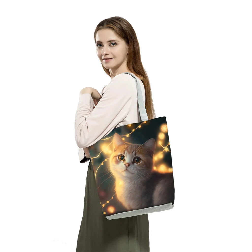 Pretty Cartoon Cat Print borse borse da spiaggia da donna ad alta capacità Cute Animal Graphic Eco borse per la spesa riutilizzabili portatili