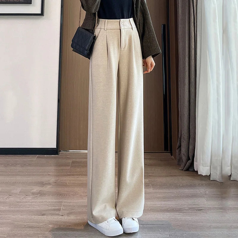 2024 Autunno Inverno Donna Pantaloni di lana concisi Lady Gamba larga Designer Pantaloni esterni Donna Addensare Pantaloni drappeggiati a vita alta