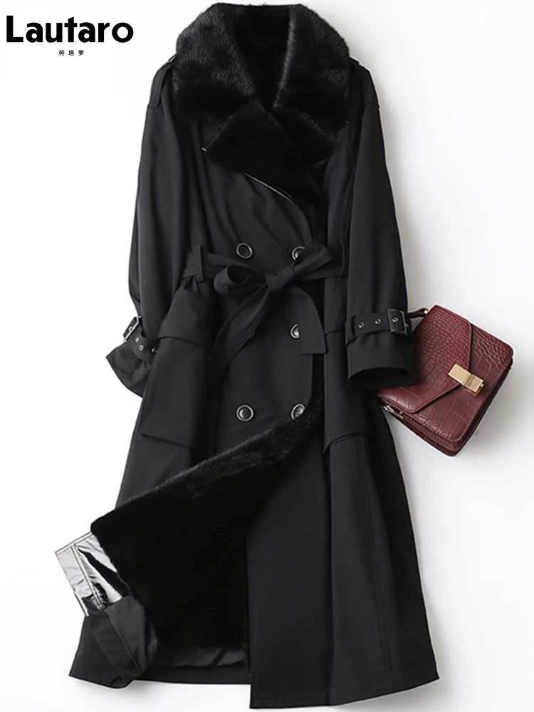 Lautaro Trench invernale lungo caldo e spesso con pelliccia sintetica, tasche interne con cintura, doppio petto, foderato in pelliccia di lusso per donna