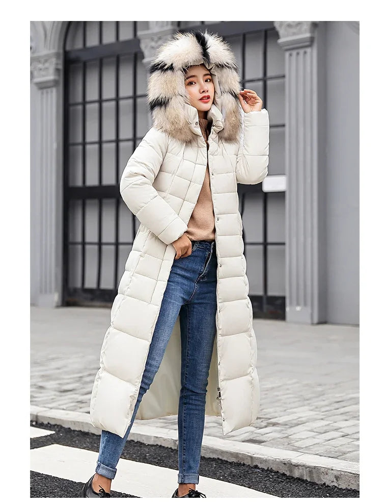 Cappotto Parka lungo in cotone piumino femminile nuovo inverno sopra il ginocchio ampio collo in pelliccia con cappuccio caldo parka spesso soprabito imbottito da donna