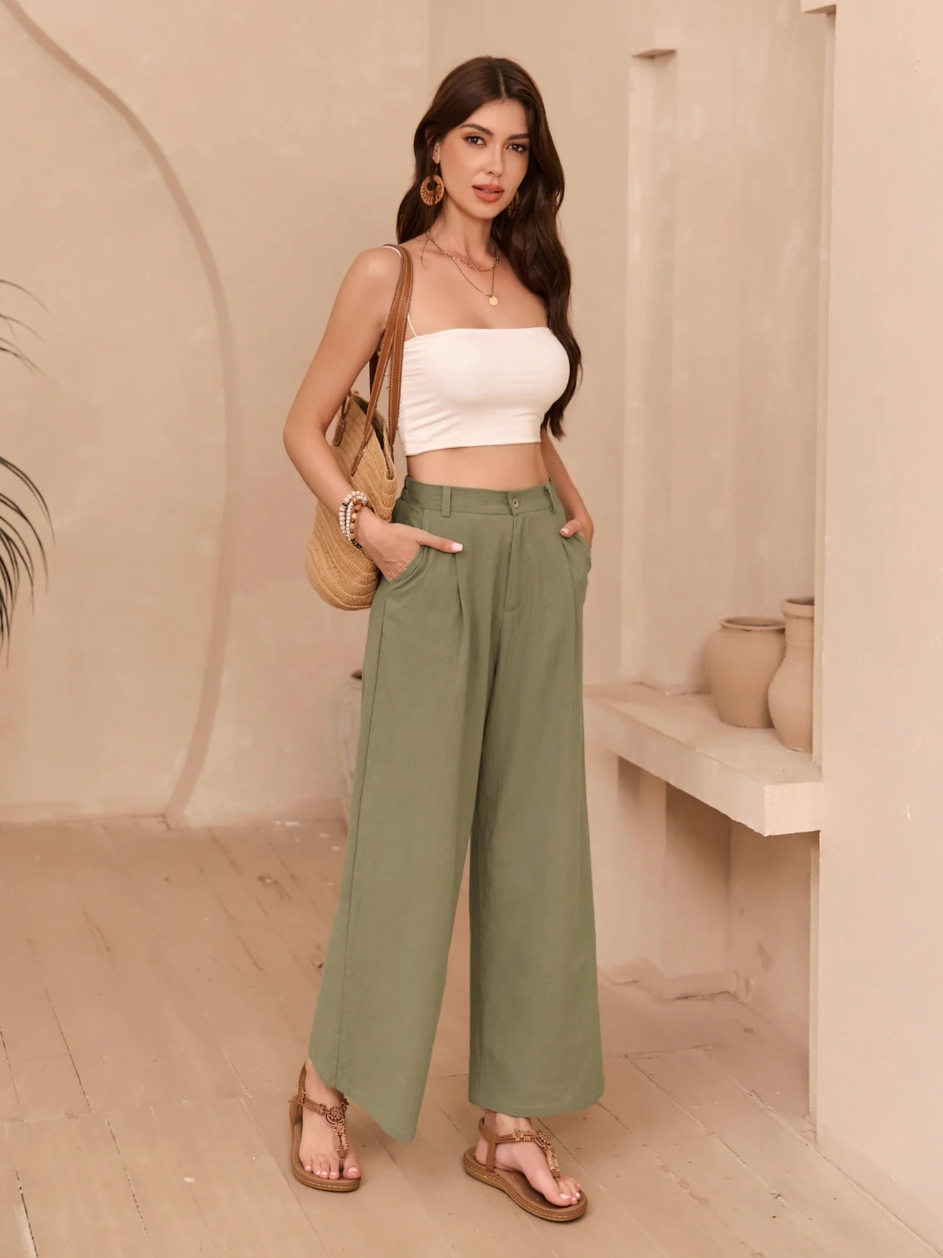 Eleganti Pantaloni Larghi in Lino Tinta Unita per Donne, Vita Alta, Casual Estivi, Morbidi e Snellenti, Lunghi per Primavera e Autunno