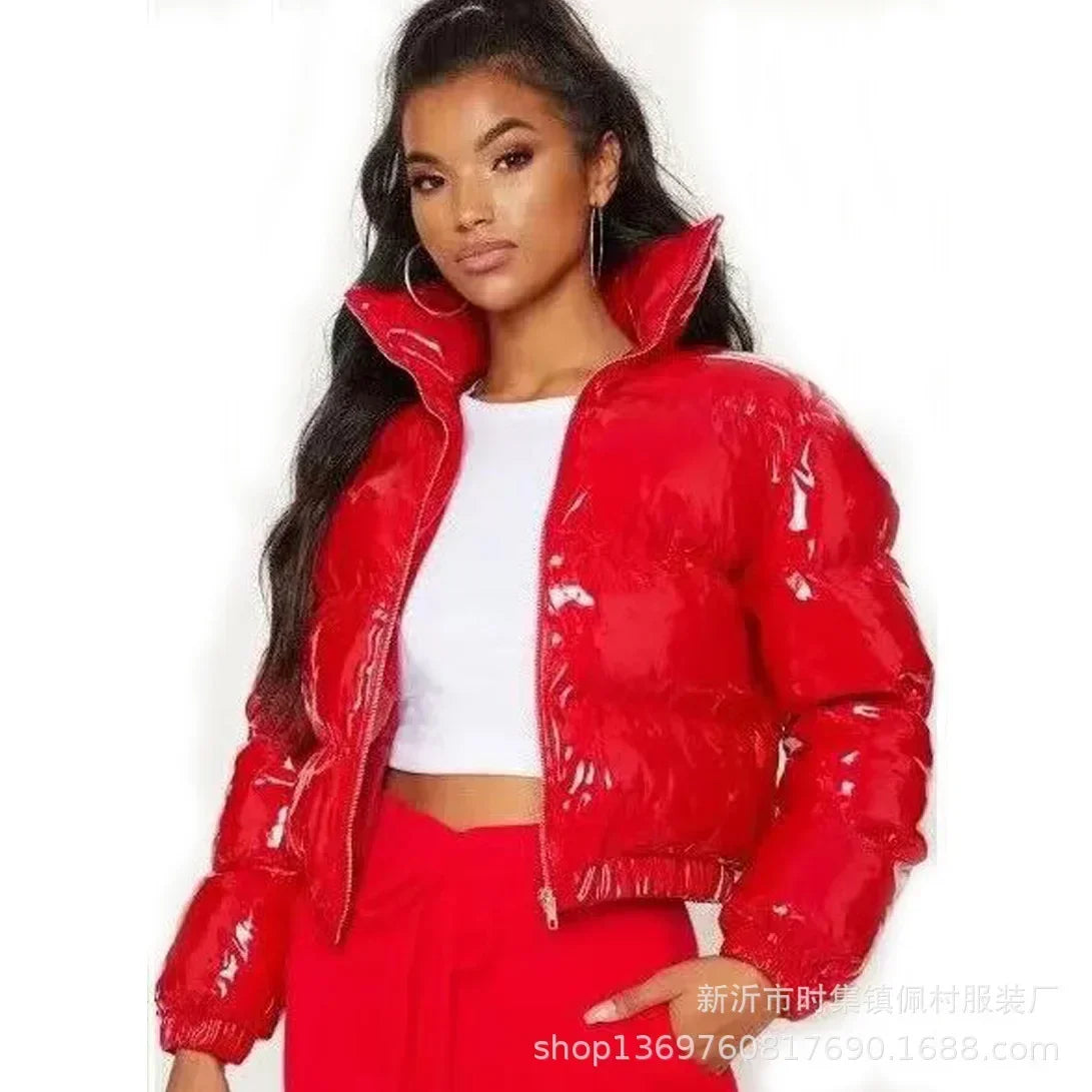 Giacca da donna imbottita in cotone Giacca moda casual lucida manica lunga autunno e inverno colletto alla coreana cerniera corta sexy strada calda
