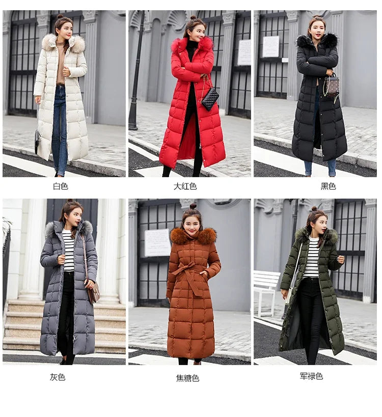 Cappotto Parka lungo in cotone piumino femminile nuovo inverno sopra il ginocchio ampio collo in pelliccia con cappuccio caldo parka spesso soprabito imbottito da donna