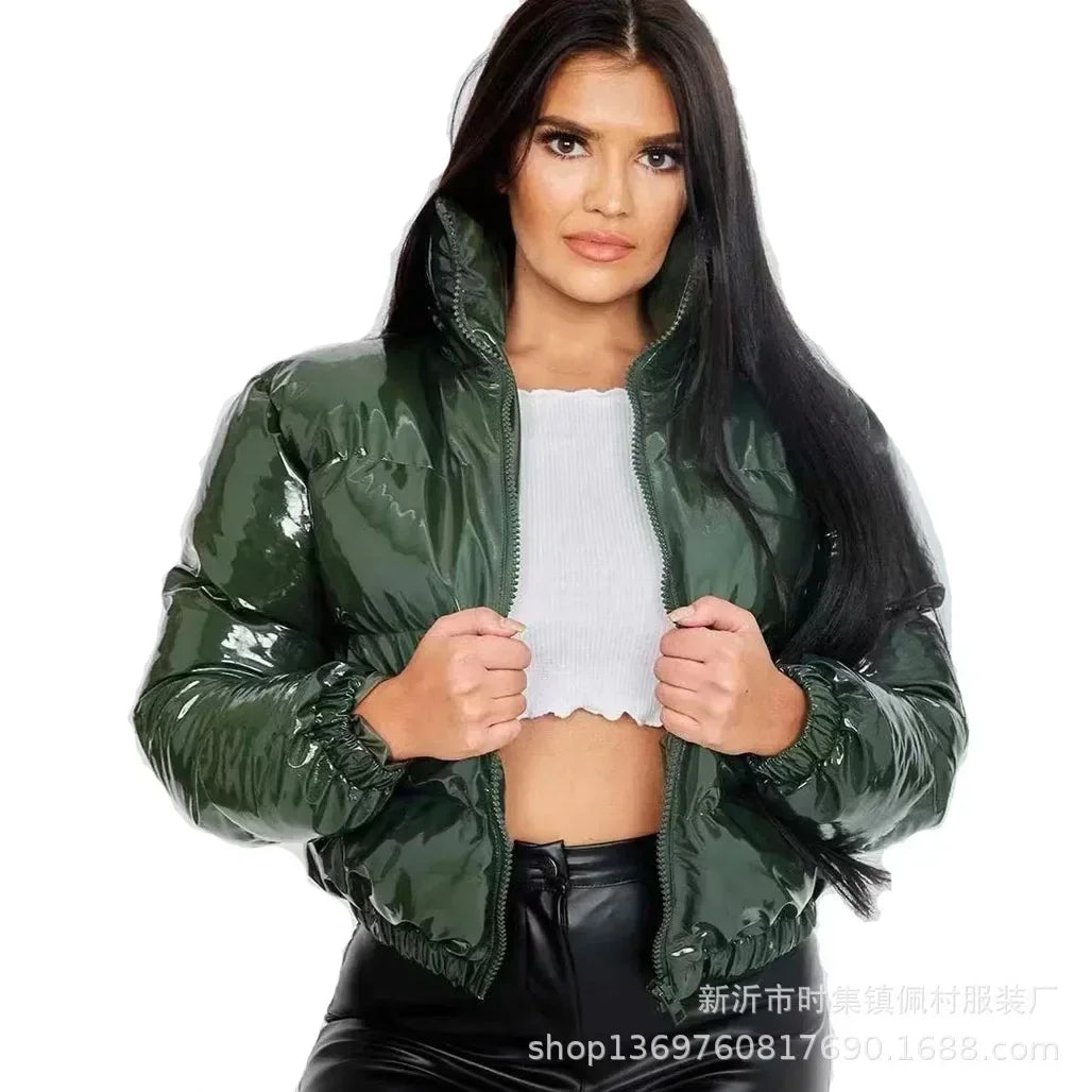 Giacca da donna imbottita in cotone Giacca moda casual lucida manica lunga autunno e inverno colletto alla coreana cerniera corta sexy strada calda