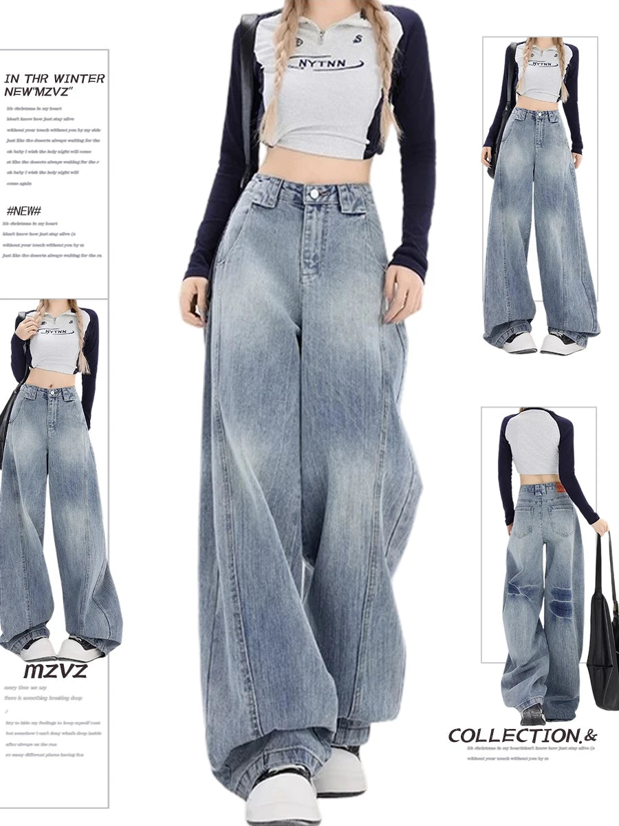 Jeans strappati larghi blu da donna Pantaloni in denim vintage Y2k Harajuku Pantaloni lunghi jeans larghi oversize stile giapponese anni 2000