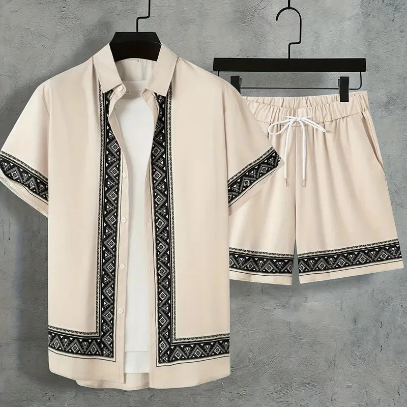 2024 vestito da vacanza estiva dei nuovi uomini camicia con bordo stampato strutturato retrò pantaloncini a maniche corte tuta da piscina traspirante da uomo in due pezzi