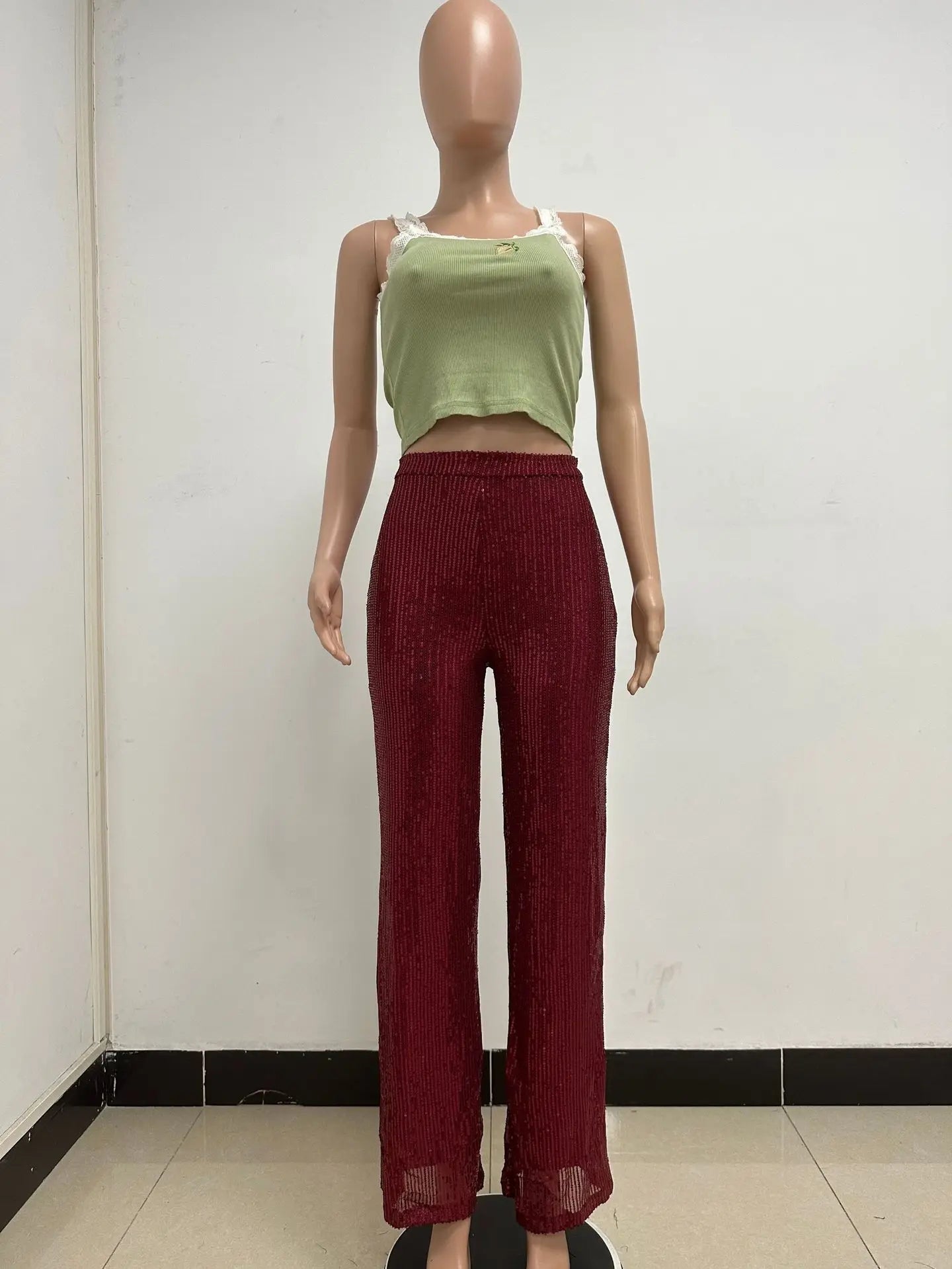 Pantaloni da donna, abbigliamento femminile, vestiti alla moda, pantaloni casual con paillettes, pantaloni eleganti, ampi e fluidi, a gamba larga, hwy5623