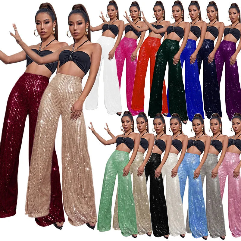 Pantaloni da donna, abbigliamento femminile, vestiti alla moda, pantaloni casual con paillettes, pantaloni eleganti, ampi e fluidi, a gamba larga, hwy5623