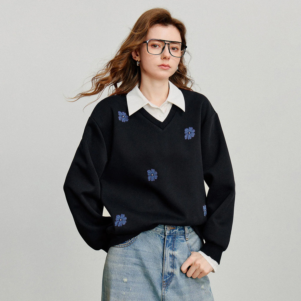 TOYOUTH Felpa da donna 2025 Autunno Nuovo Denim Fiore Ricamo Falso in due pezzi Splicing Colletto rovesciato Pullover casual in cotone