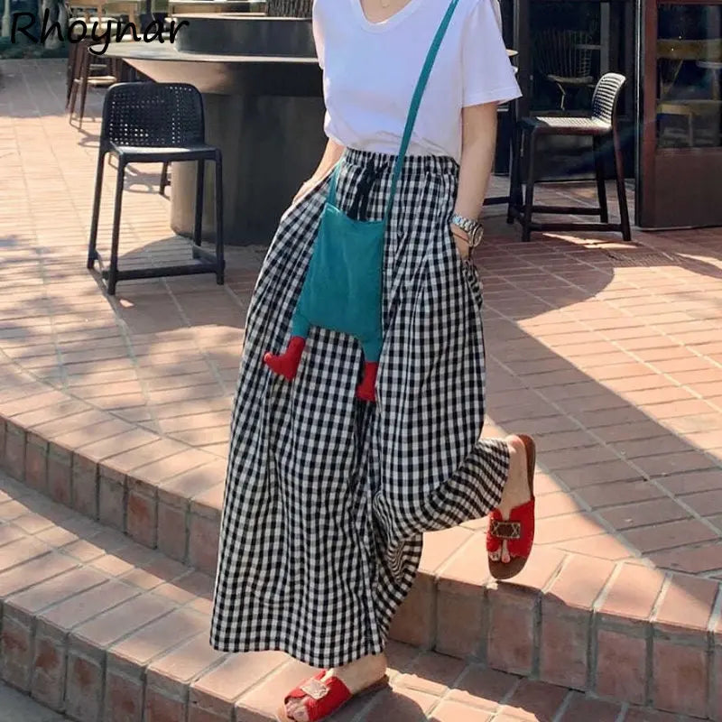 Pantaloni scozzesi a gamba larga da donna Pantaloni larghi stile coreano con pannelli Pantaloni streetwear Pantalones Abbigliamento estivo A-line Adolescenti College