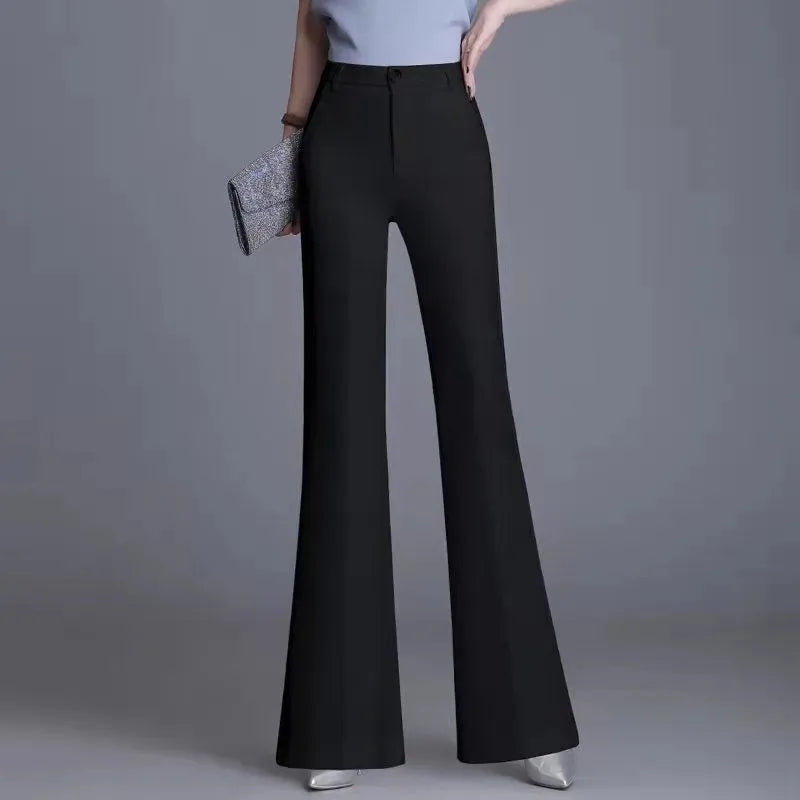 Pantaloni classici a zampa d'elefante bianchi sottili per le donne 2025 Pantaloni estivi a vita alta con fondo a campana sottile Pantaloni da donna da ufficio neri 5XL