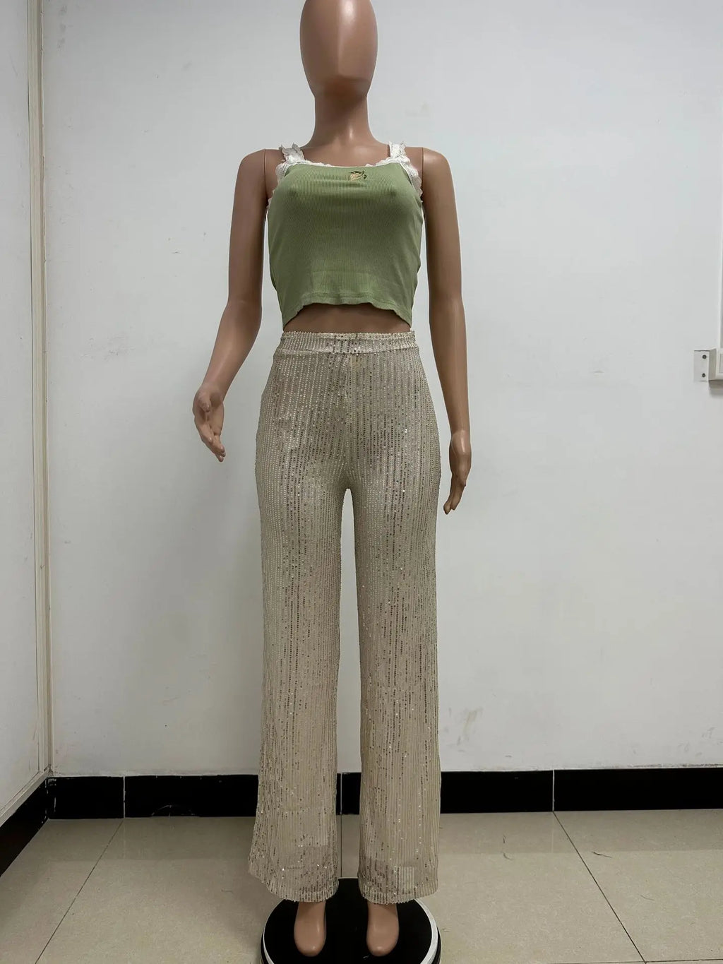 Pantaloni da donna, abbigliamento femminile, vestiti alla moda, pantaloni casual con paillettes, pantaloni eleganti, ampi e fluidi, a gamba larga, hwy5623