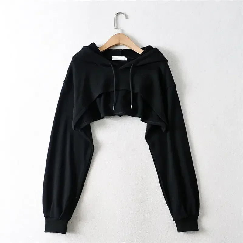 Felpa con cappuccio femminile Personalità Crop irregolare Stile ultra corto Top a maniche lunghe Felpa con spedizione di goccia femminile Y2k