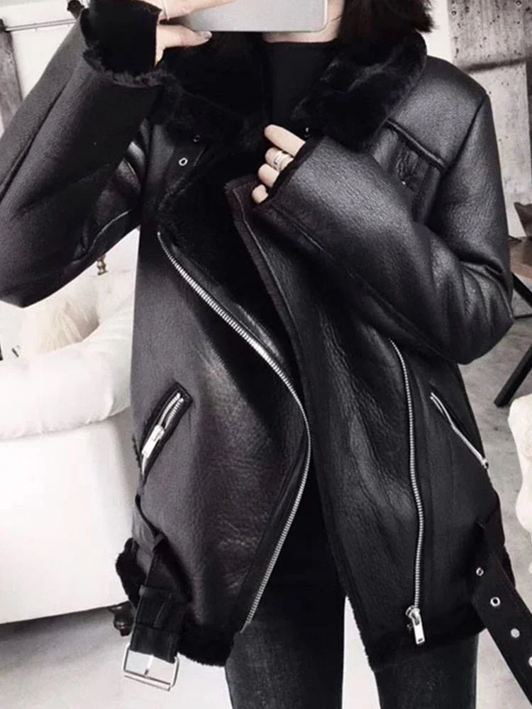 Ailegogo Cappotti Invernali Donna Spessa Pelliccia Sintetica Cappotto di Pelle di Pecora Pelliccia Femminile Giacca Impiombata Aviatore Outwear Casaco Feminino