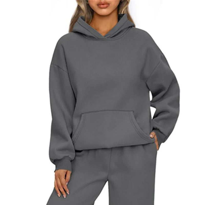 Felpa con cappuccio sportiva casual autunno inverno Felpa con cappuccio allentata moda donna a maniche lunghe tinta unita Pullover da donna
