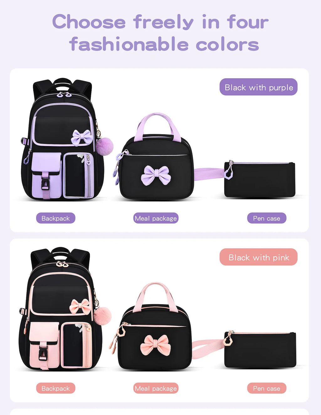 Zaino scolastico elementare multitasche per ragazze, zaino ergonomico impermeabile con fiocco, set di zaini per viaggi all'aperto e uso quotidiano
