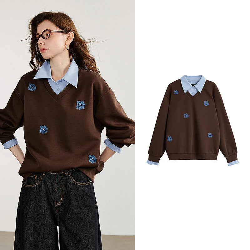 TOYOUTH Felpa da donna 2025 Autunno Nuovo Denim Fiore Ricamo Falso in due pezzi Splicing Colletto rovesciato Pullover casual in cotone