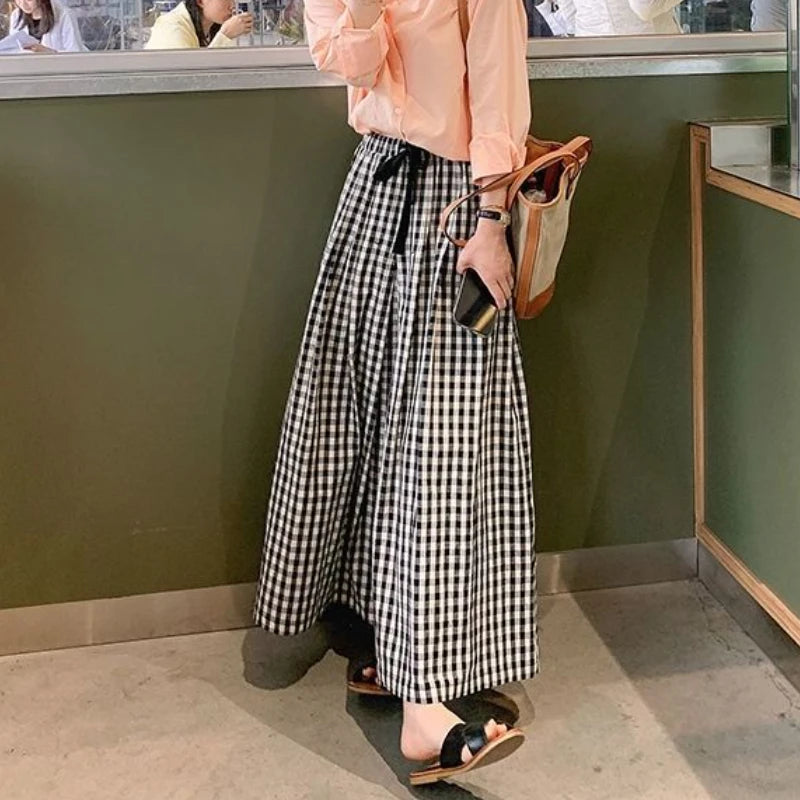 Pantaloni scozzesi a gamba larga da donna Pantaloni larghi stile coreano con pannelli Pantaloni streetwear Pantalones Abbigliamento estivo A-line Adolescenti College