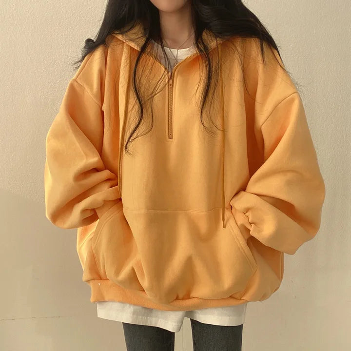 Felpa con cappuccio da donna Harajuku sciolto oversize tinta unita Top mezza Zip felpa donna Casual manica lunga tasca cappotti con cappuccio 2023