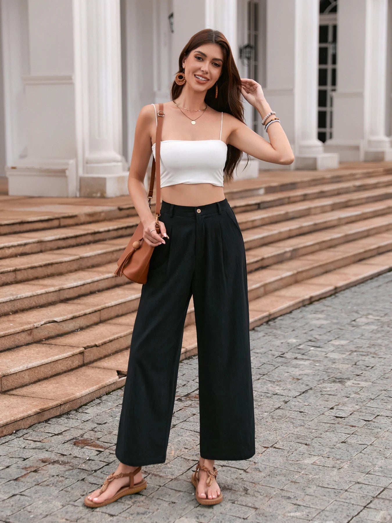 Eleganti Pantaloni Larghi in Lino Tinta Unita per Donne, Vita Alta, Casual Estivi, Morbidi e Snellenti, Lunghi per Primavera e Autunno