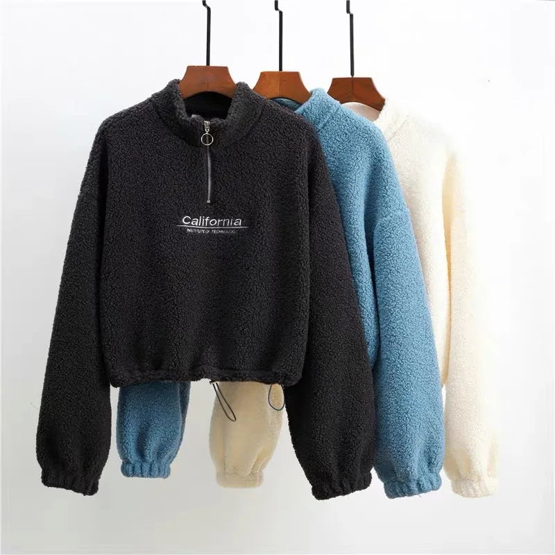 Felpe con cappuccio ritagliate in pile con ricamo a lettera da donna felpe con coulisse a maniche lunghe autunnali nuove magliette Casual in velluto di peluche