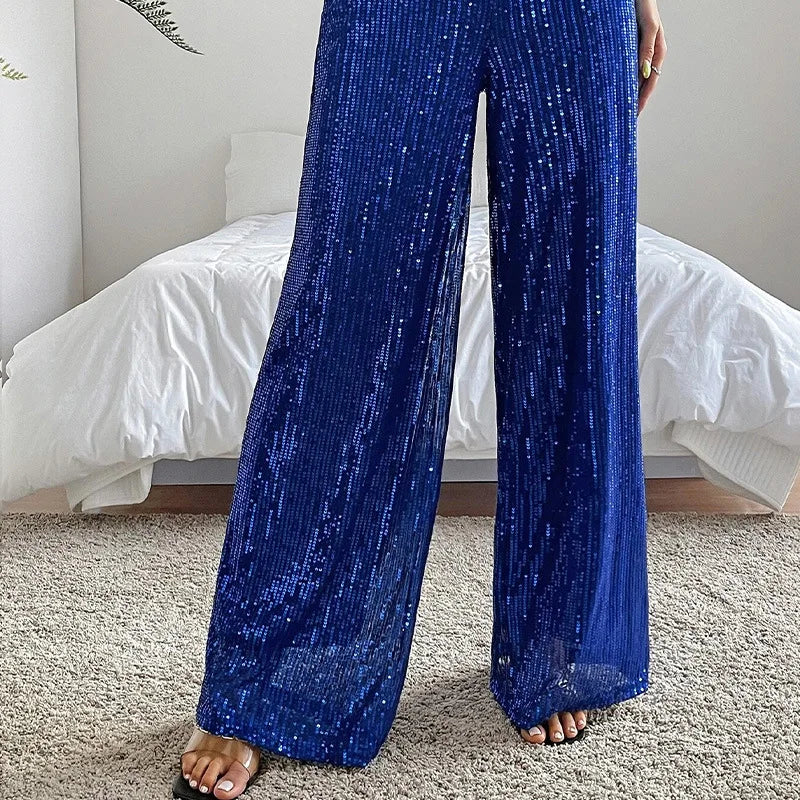Pantaloni da donna, abbigliamento femminile, vestiti alla moda, pantaloni casual con paillettes, pantaloni eleganti, ampi e fluidi, a gamba larga, hwy5623