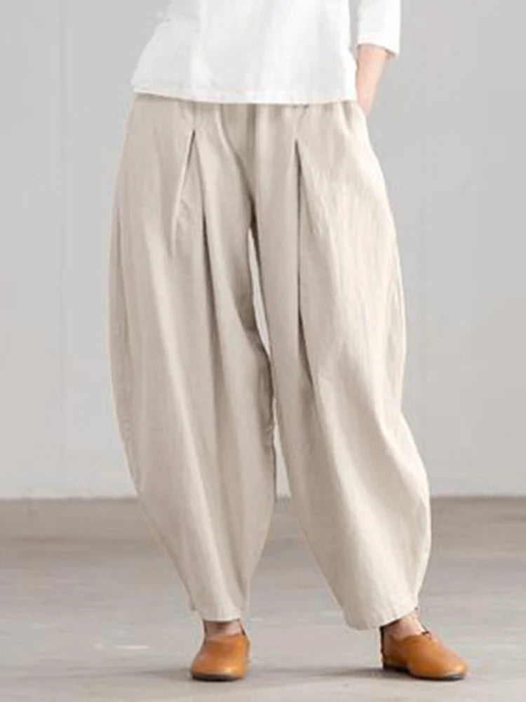 ZANZEA Estate Elastico In Vita Solido Pantaloni Donna Casual Pantaloni Larghi Elegante Allentato Gamba Larga Pantalon Vintage Cotone Rapa 2024