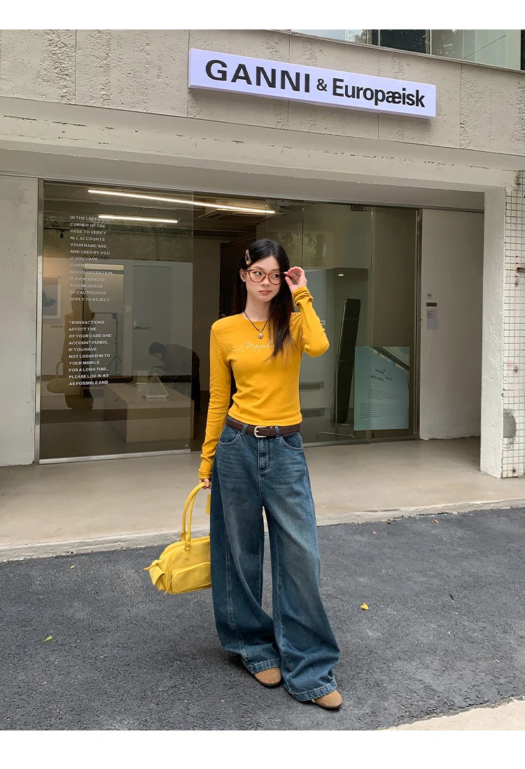 Jeans in denim blu a gamba dritta e vestibilità ampia da donna, pantaloni casual a gamba larga, comodi e rilassanti, stile coreano, per la primavera