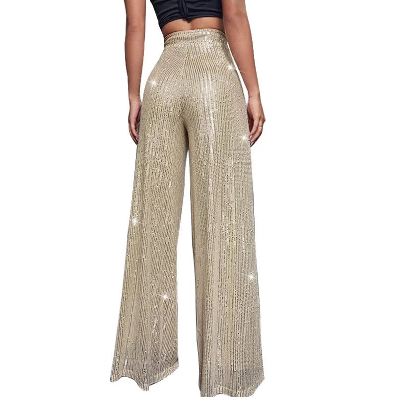 Pantaloni da donna, abbigliamento femminile, vestiti alla moda, pantaloni casual con paillettes, pantaloni eleganti, ampi e fluidi, a gamba larga, hwy5623