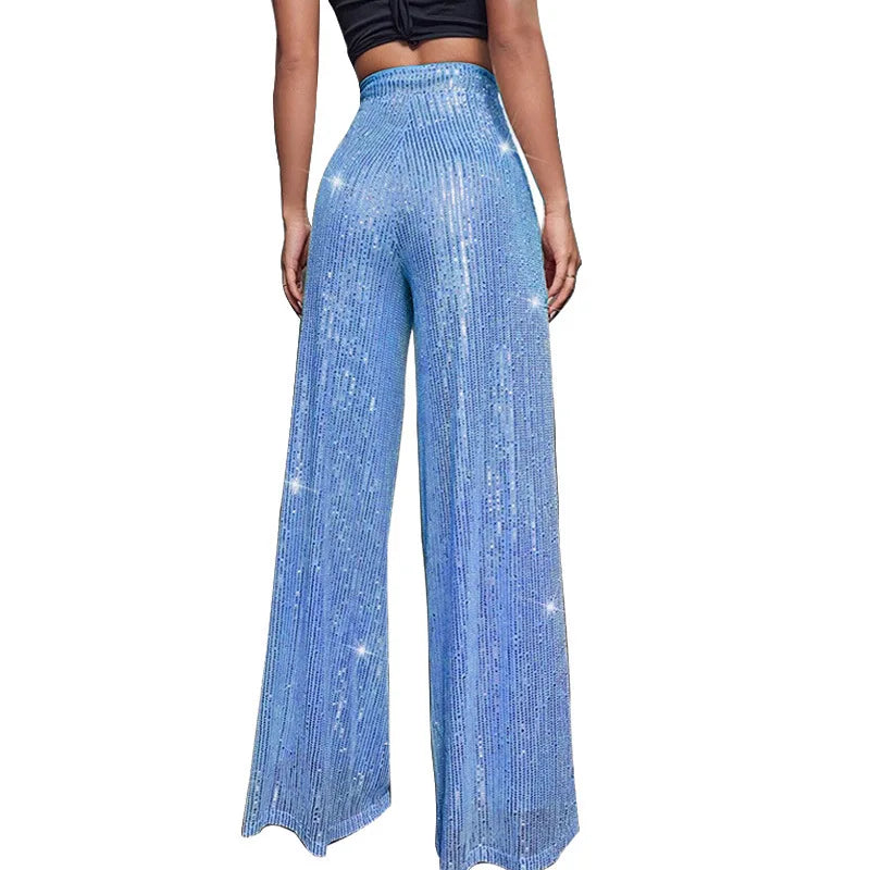Pantaloni da donna, abbigliamento femminile, vestiti alla moda, pantaloni casual con paillettes, pantaloni eleganti, ampi e fluidi, a gamba larga, hwy5623
