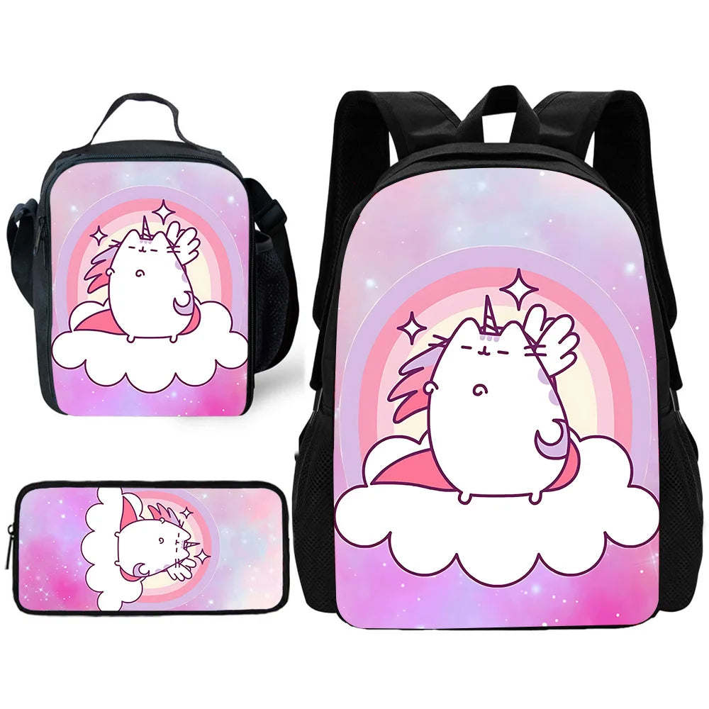 Zaino per bambini con gatti Kawaii Pusheens per la scuola con borse per il pranzo, borse per matite, borse per la scuola per ragazzi e ragazze, miglior regalo