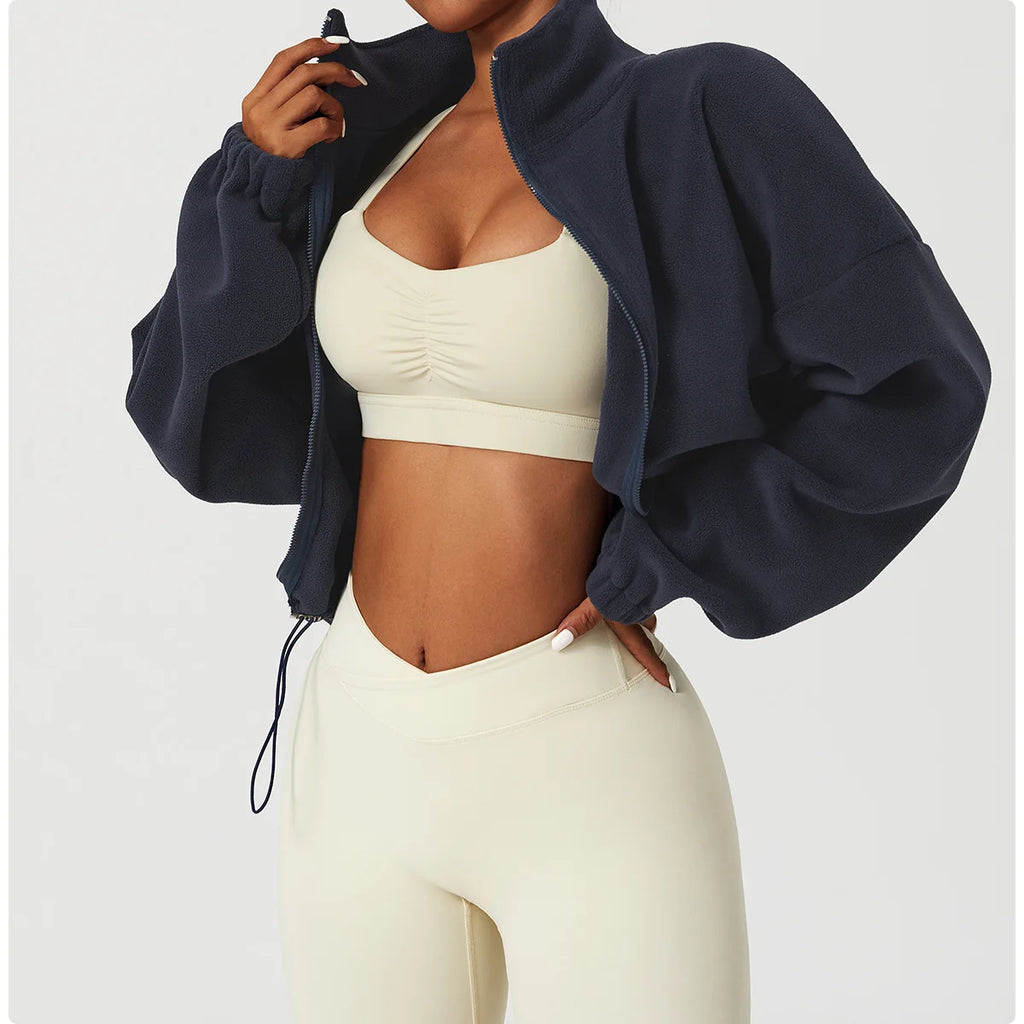 Felpa con cappuccio da donna in pile polare con zip, vestibilità ampia, top corto atletico con colletto rialzato, fori per i pollici e orlo con coulisse per l'autunno inverno