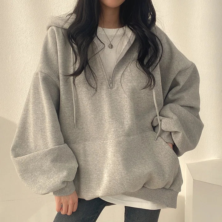Felpa con cappuccio da donna Harajuku sciolto oversize tinta unita Top mezza Zip felpa donna Casual manica lunga tasca cappotti con cappuccio 2023