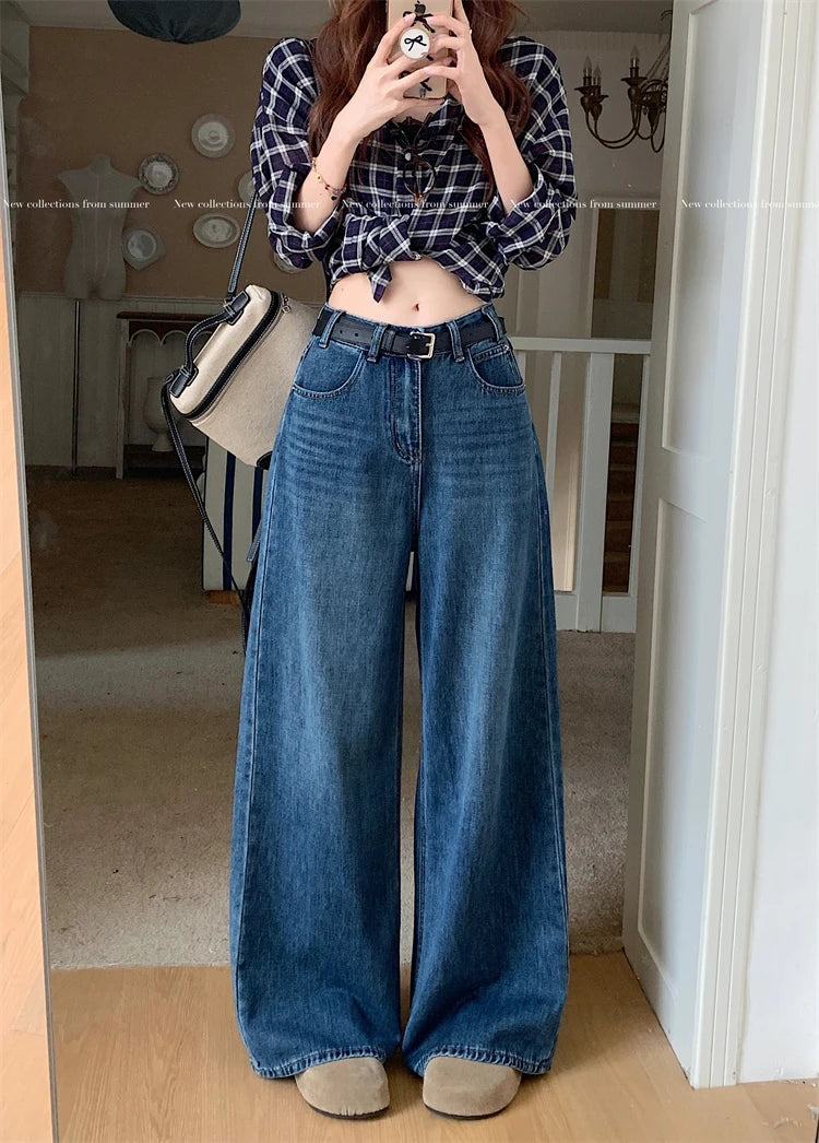 Jeans a Vita Alta Stile Americano, Gamba Larga, per Donna, Autunno Inverno, Vestibilità Comoda, Pantaloni Lunghi, Taglio Dritto, Casual, Denim Blu, Effetto Snellente