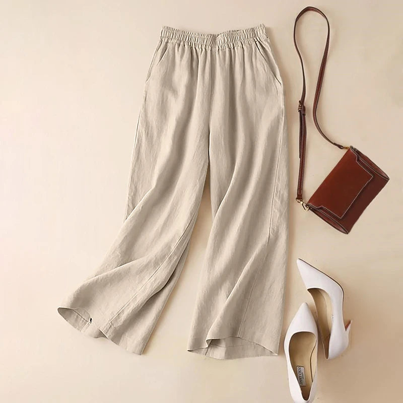 ZANZEA-Pantaloni Estivi da Donna in Cotone e Lino con Vita Elastica, Gamba Larga, Casual, Leggeri, Tinta Unita, Pantaloni Palazzo