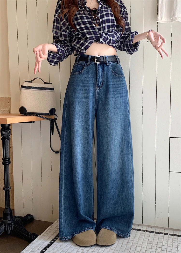 Jeans a Vita Alta Stile Americano, Gamba Larga, per Donna, Autunno Inverno, Vestibilità Comoda, Pantaloni Lunghi, Taglio Dritto, Casual, Denim Blu, Effetto Snellente