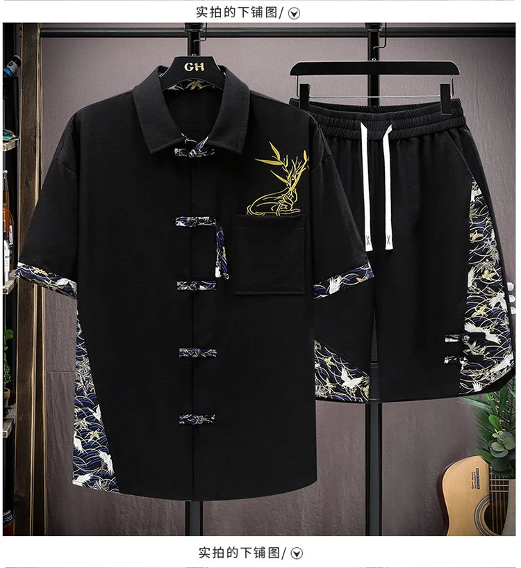 Set estivi uomo moda stampa camicia a maniche corte pantaloncini due pezzi uomo stile cinese Set sciolto Set corto da uomo