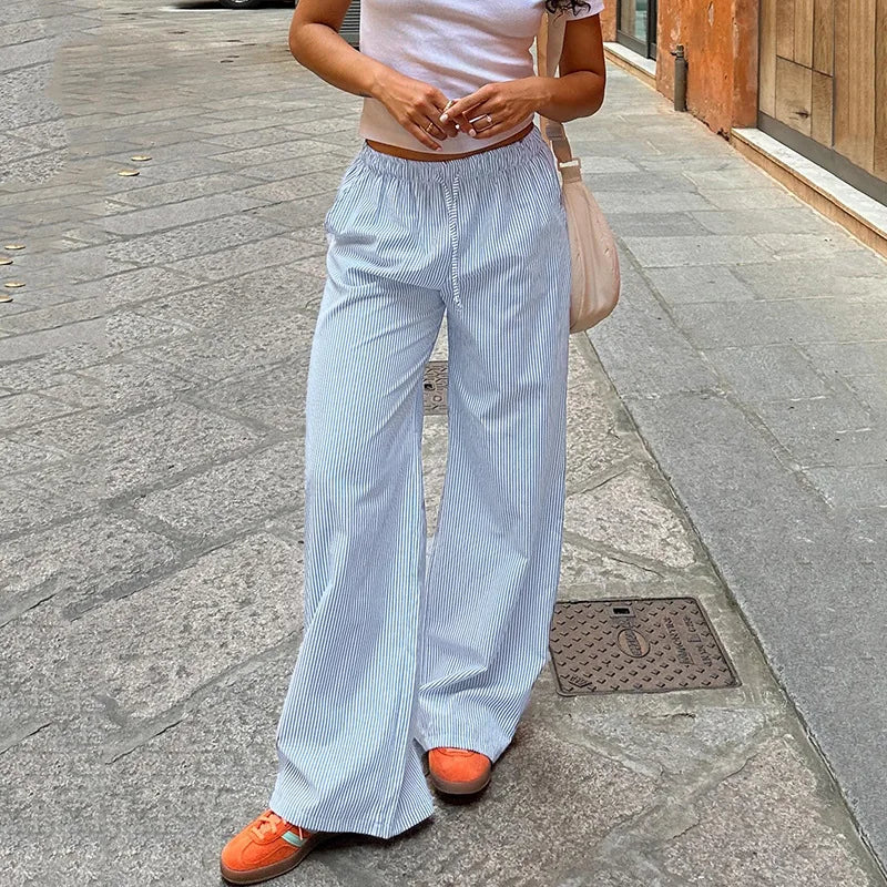 Pantaloni larghi con stampa a righe streetwear Pantaloni da jogging con lacci Moda Y2K Pantaloni larghi Estetici di base anni '90 Pantaloni carini