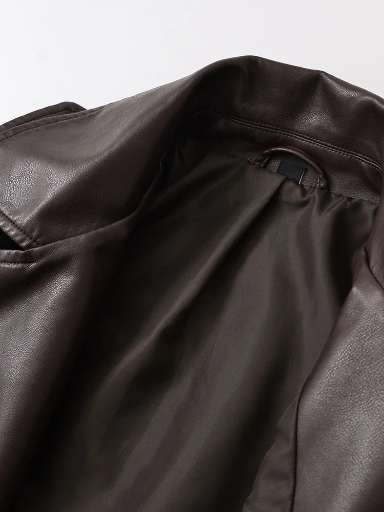 Ailegogo nuova primavera autunno donna vintage cintura allentata giacca in ecopelle streetwear femminile retrò moto biker cappotto capispalla