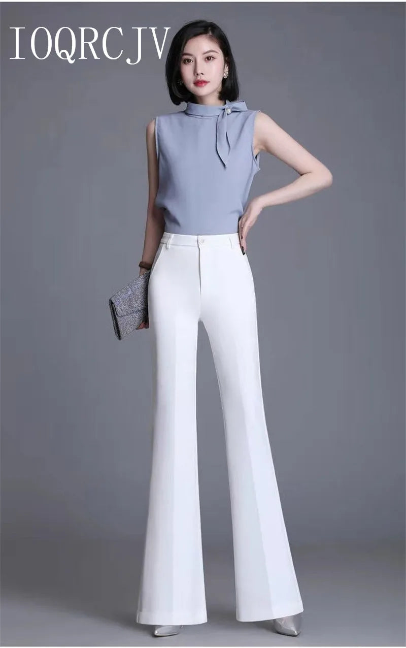Pantaloni classici a zampa d'elefante bianchi sottili per le donne 2025 Pantaloni estivi a vita alta con fondo a campana sottile Pantaloni da donna da ufficio neri 5XL